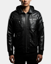 Mens Leather Bomber Jacket with Hoodie Bronx Nova Black